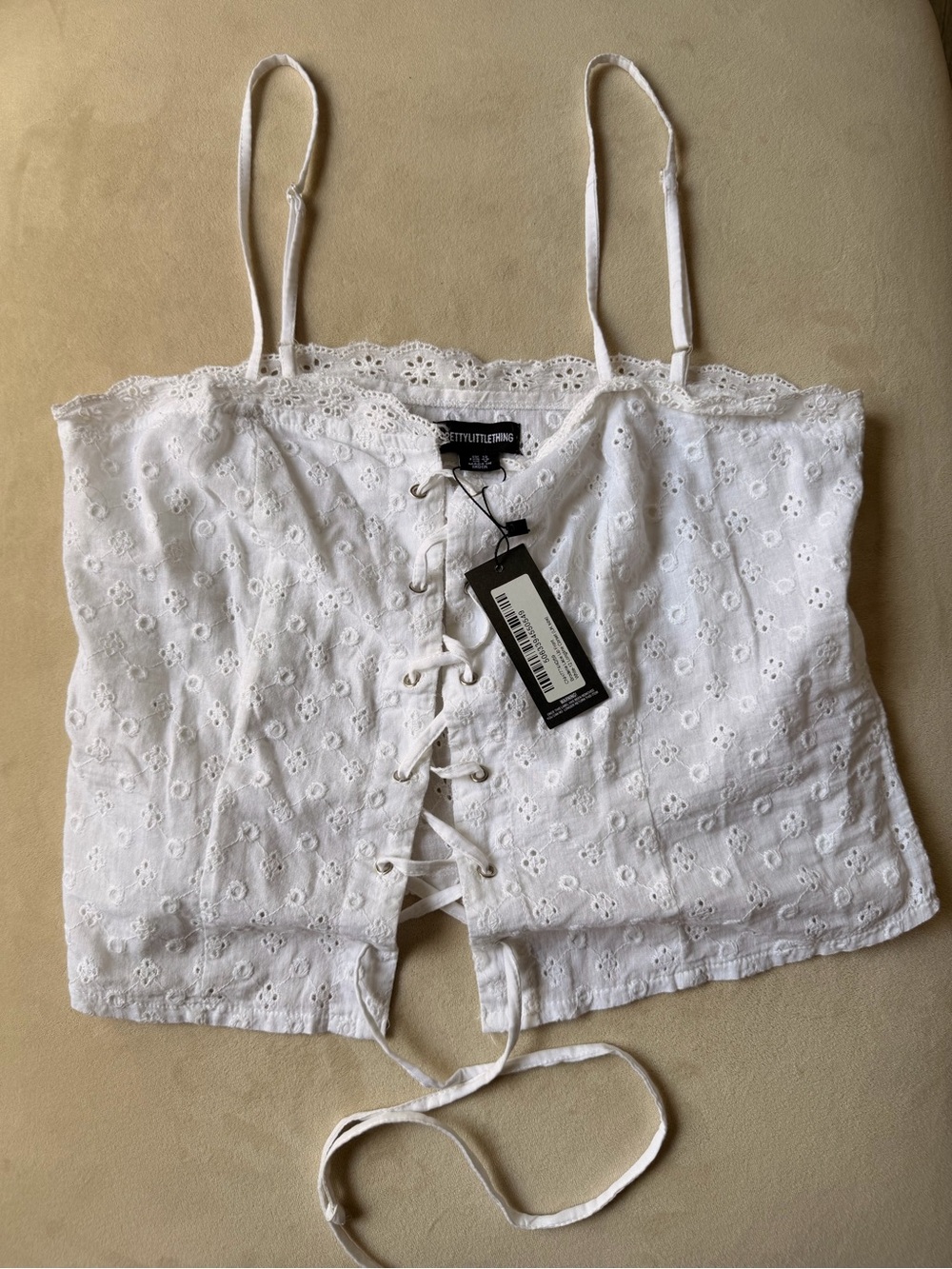 PrettyLittleThing White Eyelet Lace-Up Cami Top